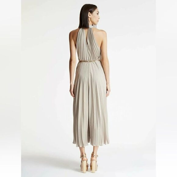 Halston Heritage Halter Pleated Wide Leg Jumpsuit Atmosphere Beige. - Picture 3 of 13